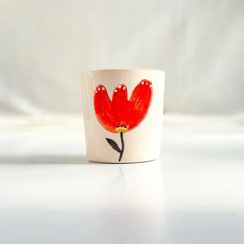 Mamezon Ceramics - Gelincik Çiçeği Desenli Altın Dekorlu Porselen Kahve Kupası