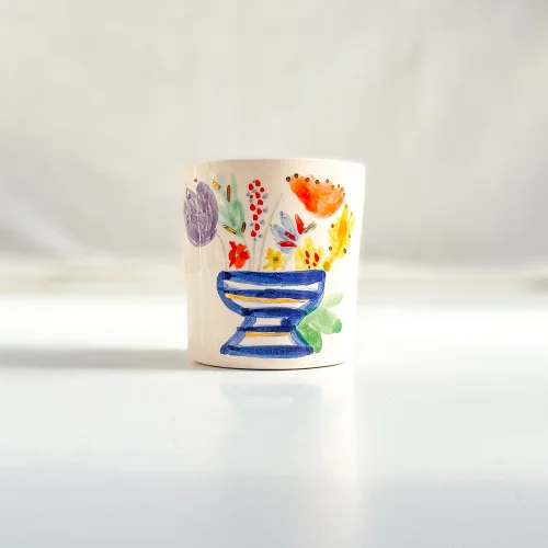 Mamezon Ceramics - Kır Çiçekleri Desenli Altın Dekorlu Porselen Kahve Kupası
