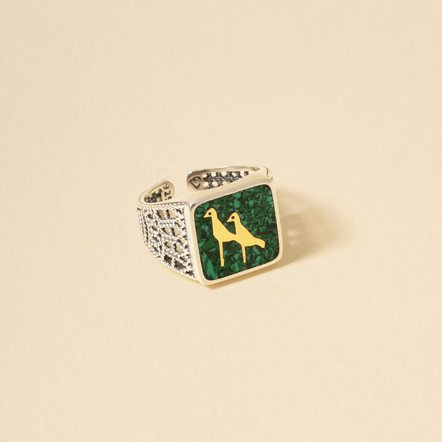 Malachite Crane Filigree Ring