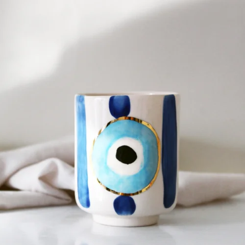 Mamezon Ceramics - Nazar Boncuğu Desenli Altın Dekorlu Seramik Kahve Kupası