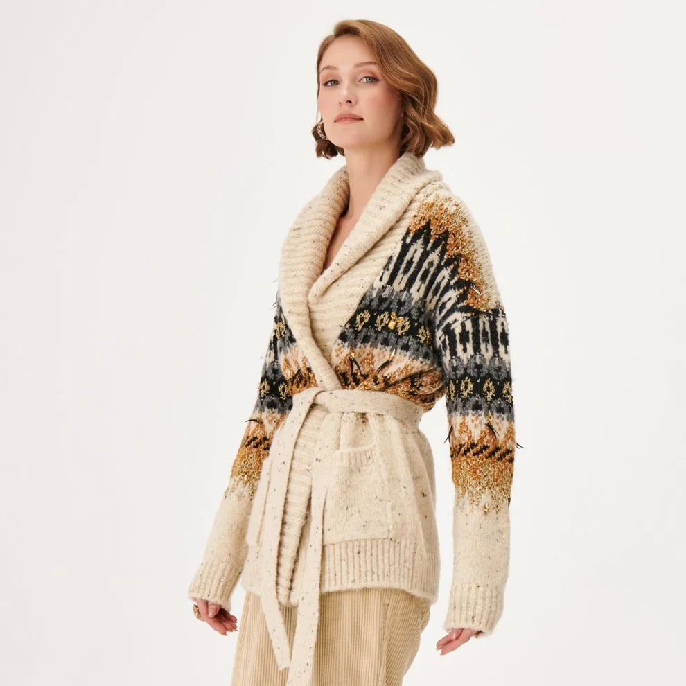 Joinus - Hand Embroidered Belt Nope Knitwear Cardigan