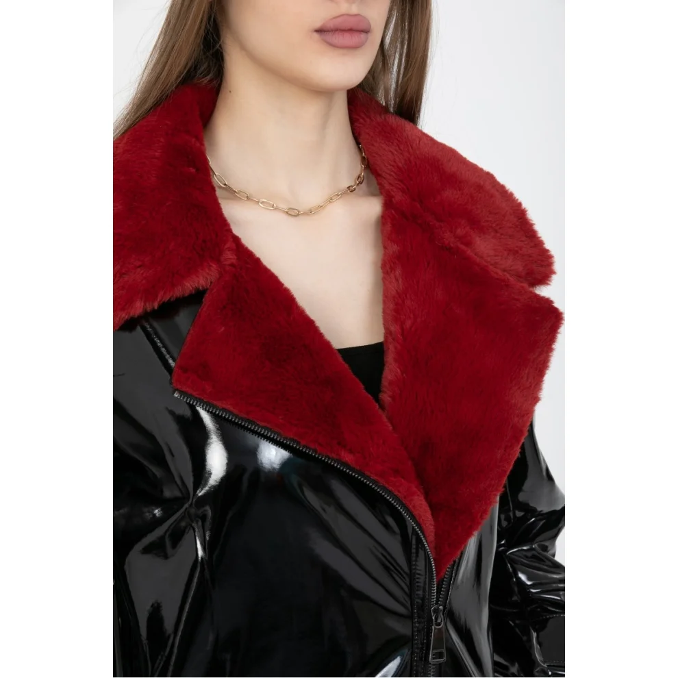 Dark red faux fur jacket sale