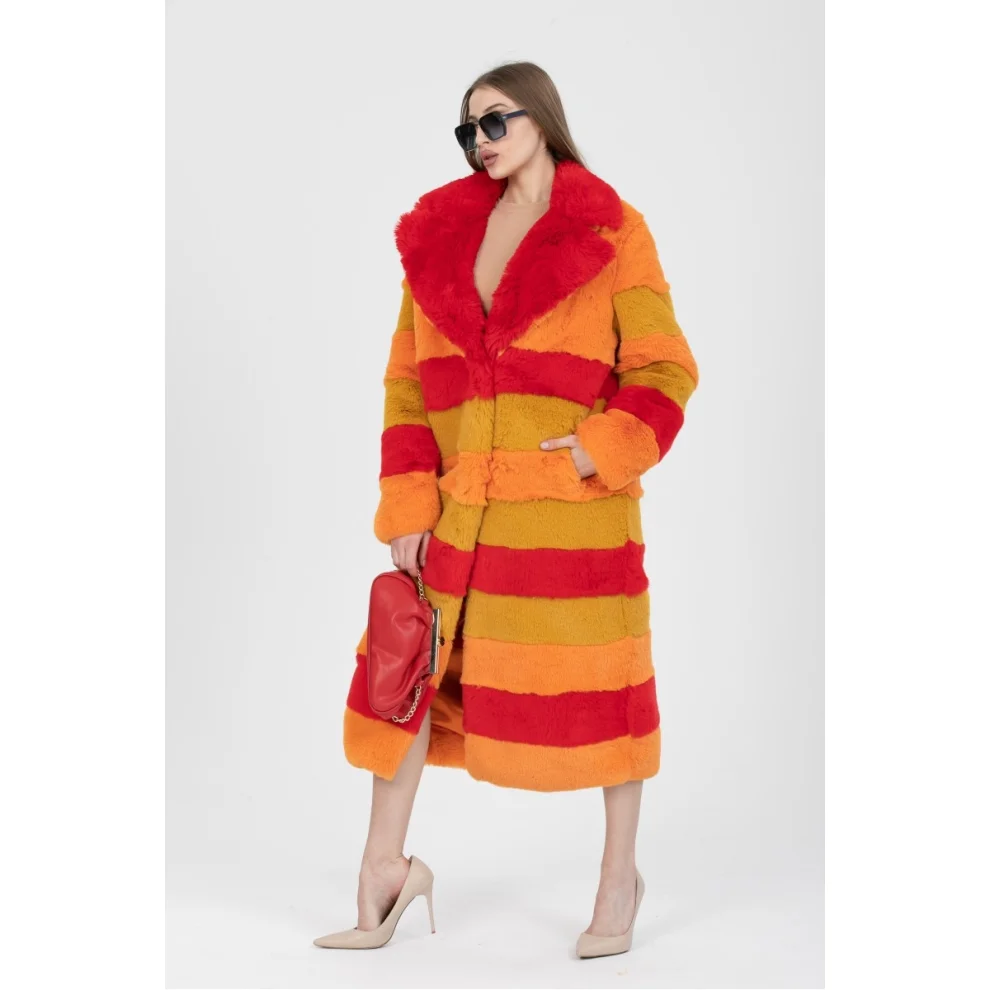 Trend Studio stanbul Sandy Fur Fur Long Coat Red Orange M