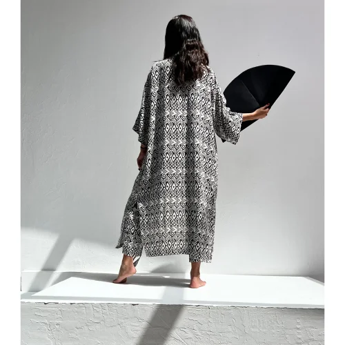 Hangout Design Store - Black Ethnic Keten Uzun Kimono