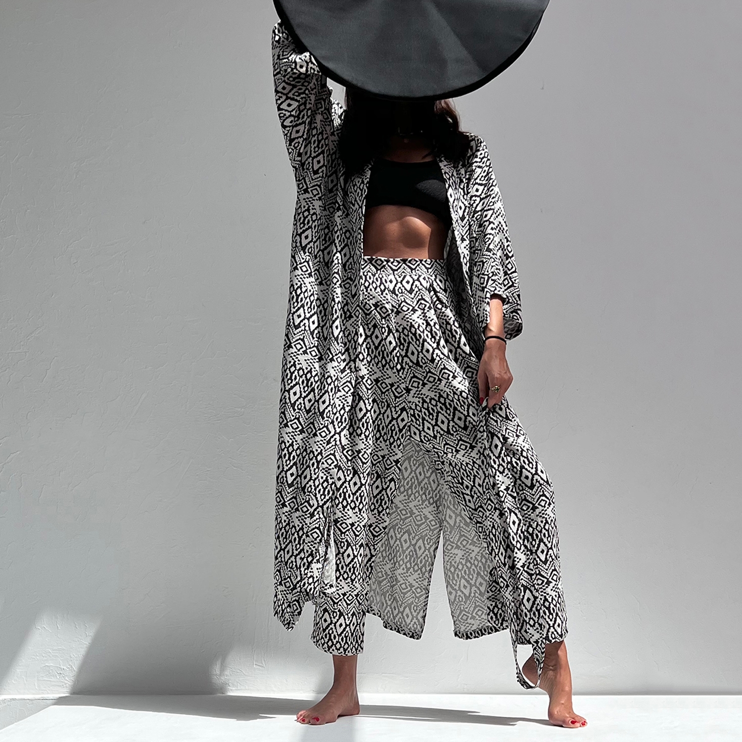 Black Ethnic Linen Long Kimono