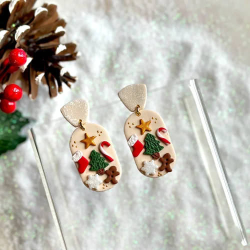 Daisy Lazy Creations - Yılbaşı Temalı Çam Ağaçlı Slab Küpe
