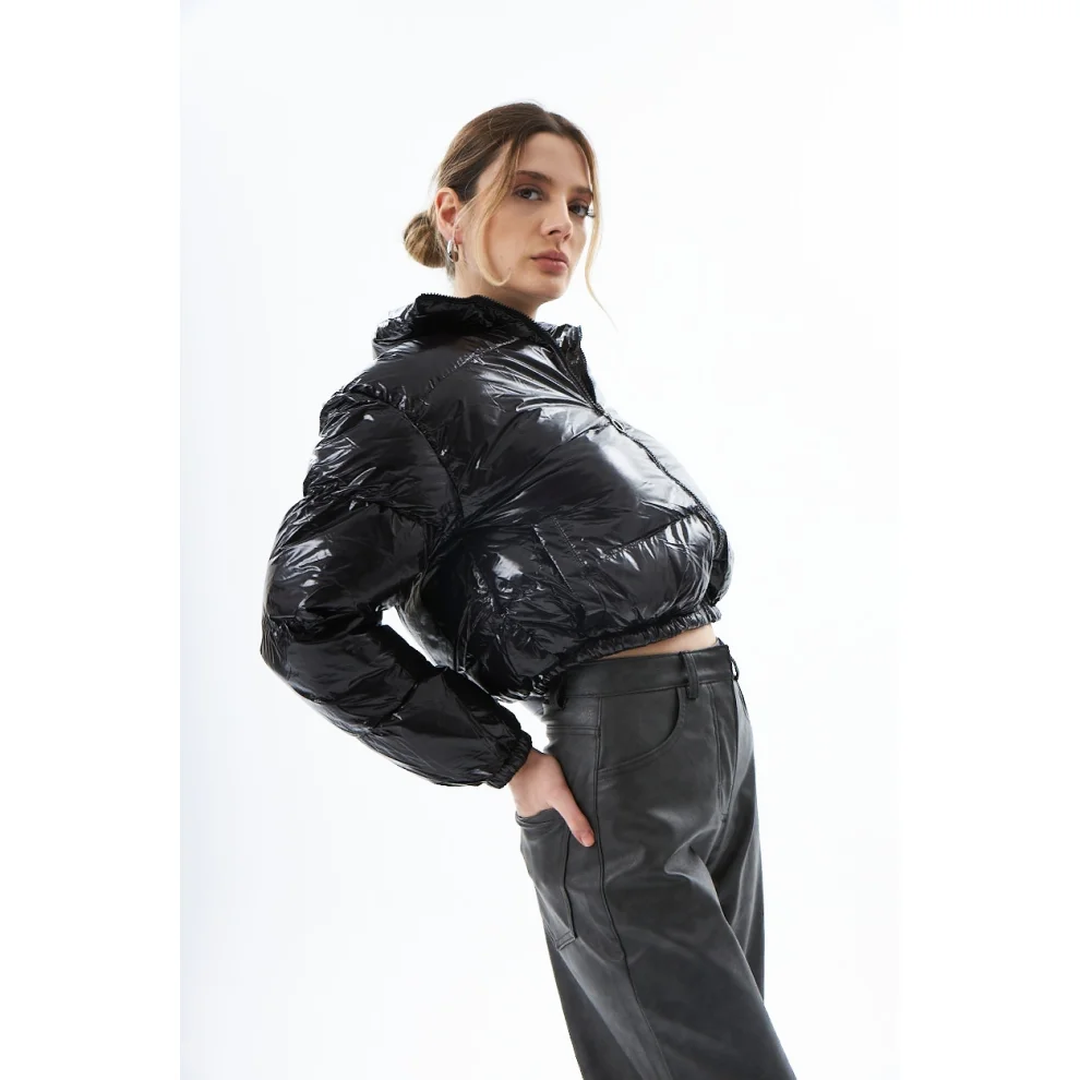 Patent leather store puffer jacket