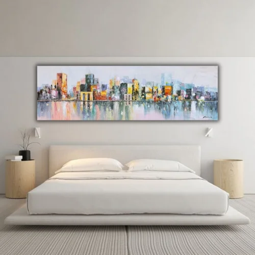 Home in Joy - Yatak Arkası Şehir El Yapımı Yağlı Boya Tablo 164x59cm