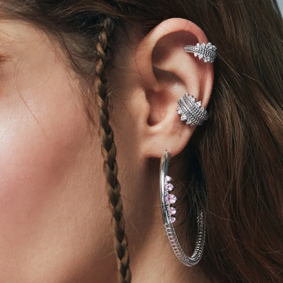 Pacal - Silver Ear Cuff Cartilage Earrings With White Stones