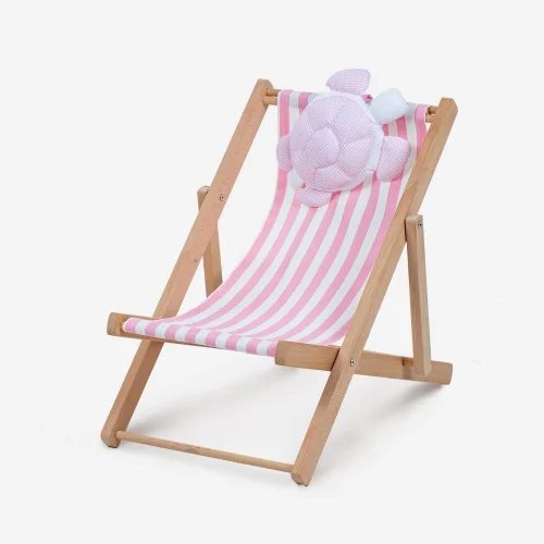 Dino Kids Furniture - Natürel Ahşap Eğlenceli Çocuk Koltuğu Caretta Yastık Çizgili Minder İç Mekan Indoor Döşemelik Kumaş