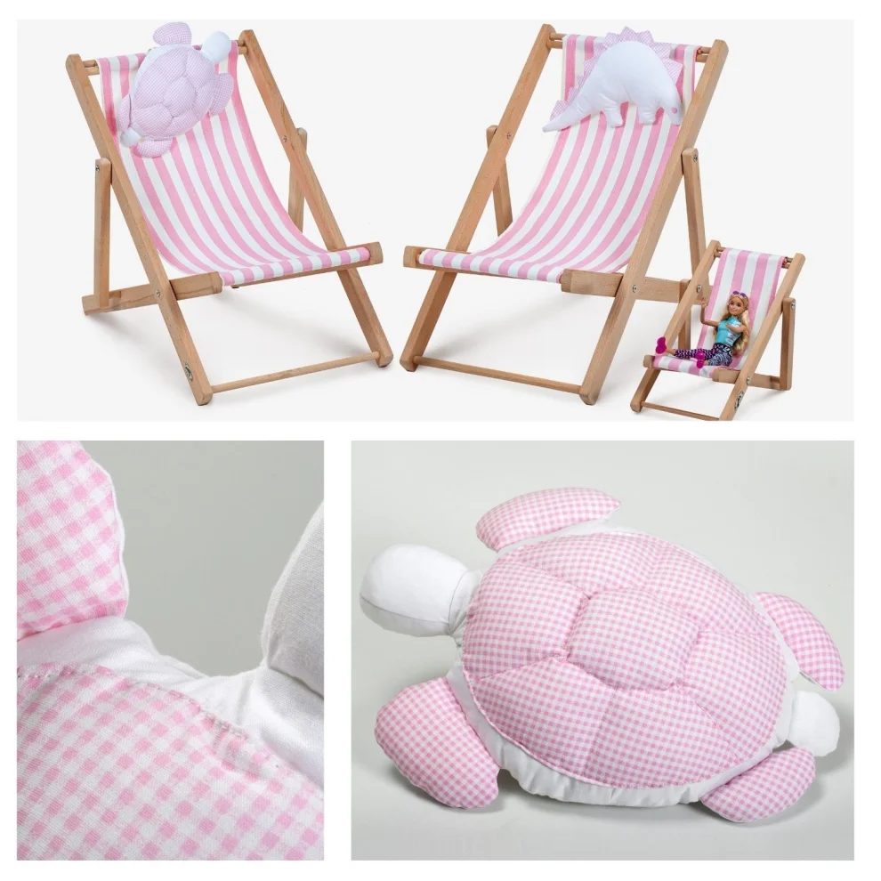 Dino Kids Furniture - Natürel Ahşap Eğlenceli Çocuk Koltuğu Caretta Yastık Çizgili Minder İç Mekan Indoor Döşemelik Kumaş