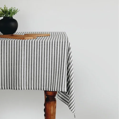 Beige - 100% Linen Striped Tablecloth