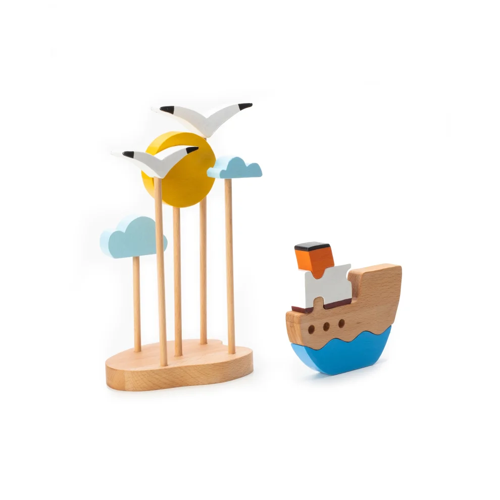 Mne Work - Handcrafted Ferry Expedition Wooden Play Set Inspired By Istanbul With Seagulls & Sun