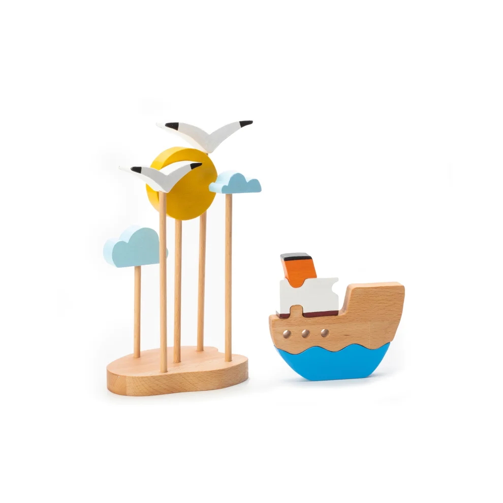 Mne Work - Handcrafted Ferry Expedition Wooden Play Set Inspired By Istanbul With Seagulls & Sun
