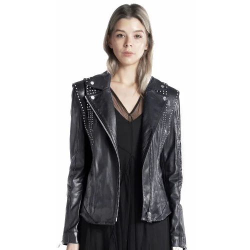 Fill In The Black - Cloud Rivet Detailed Leather Jacket