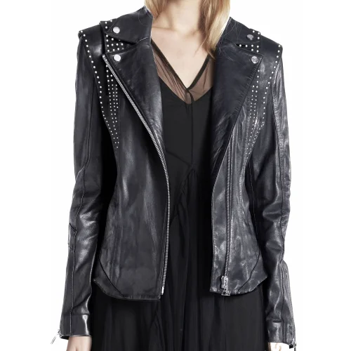 Fill In The Black - Cloud Rivet Detailed Leather Jacket