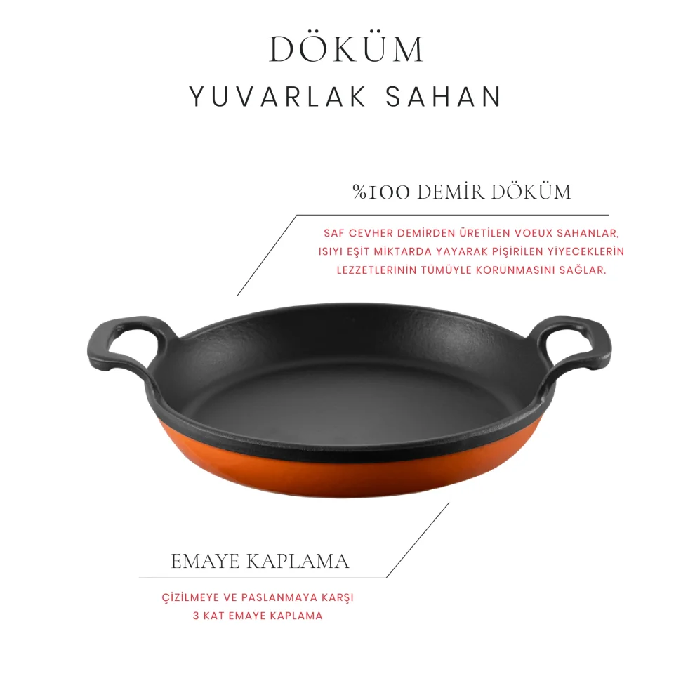 Voeux Kitchenware - Amusant Yuvarlak Döküm Sahan 22 Cm Turuncu Ve Ahşap Nihale