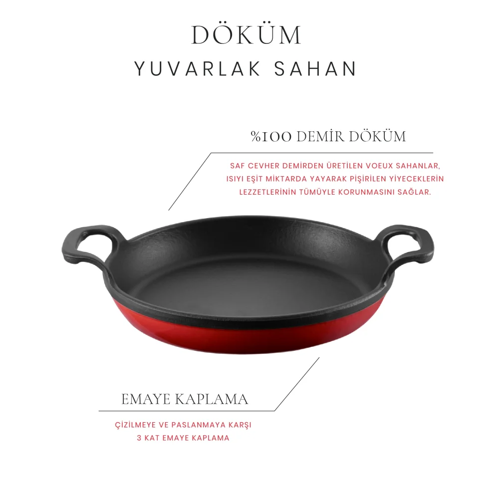 Voeux Kitchenware - L'amour Yuvarlak Döküm Sahan 22 Cm Kırmızı Ve Ahşap Nihale