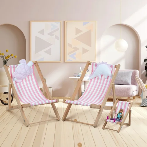 Dino Kids Furniture - Natürel Ahşap Eğlenceli Çocuk Koltuğu Dino Yastık Çizgili Minder İç Mekan Indoor Döşemelik Kumaş