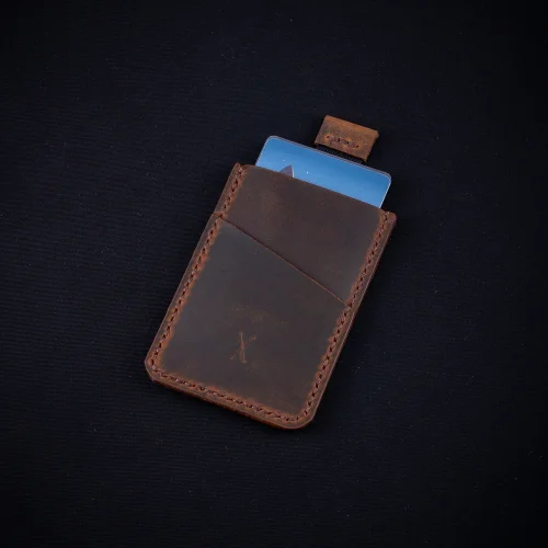 minimal X design - V2 Leather Cardholder Wallet Pull Out Mechanism - Genuine Leather And Handmade