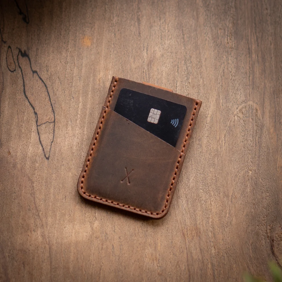 minimal X design - V2 Leather Cardholder Wallet Pull Out Mechanism - Genuine Leather And Handmade