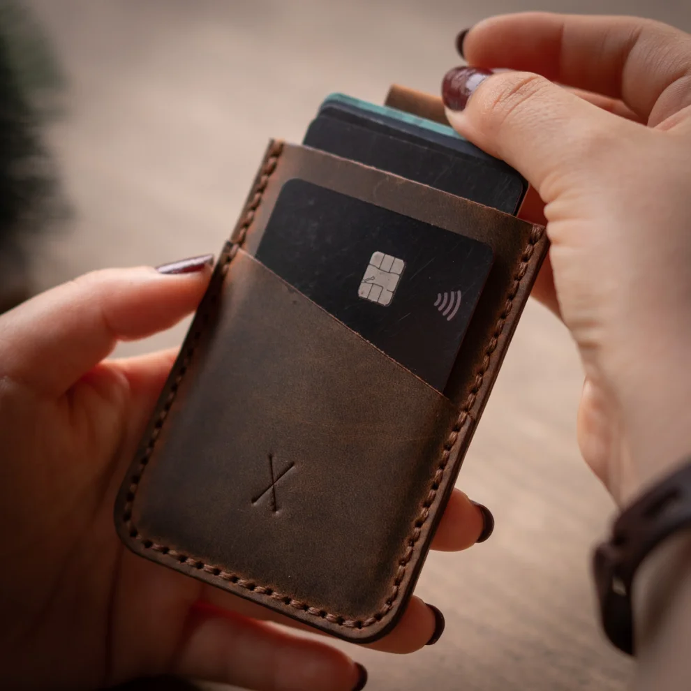 minimal X design - V2 Leather Cardholder Wallet Pull Out Mechanism - Genuine Leather And Handmade
