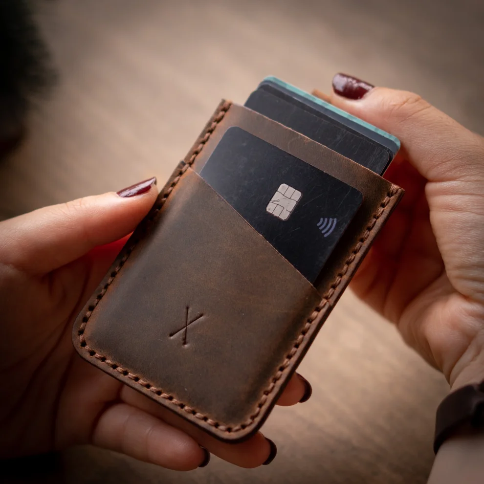 minimal X design - V2 Leather Cardholder Wallet Pull Out Mechanism - Genuine Leather And Handmade