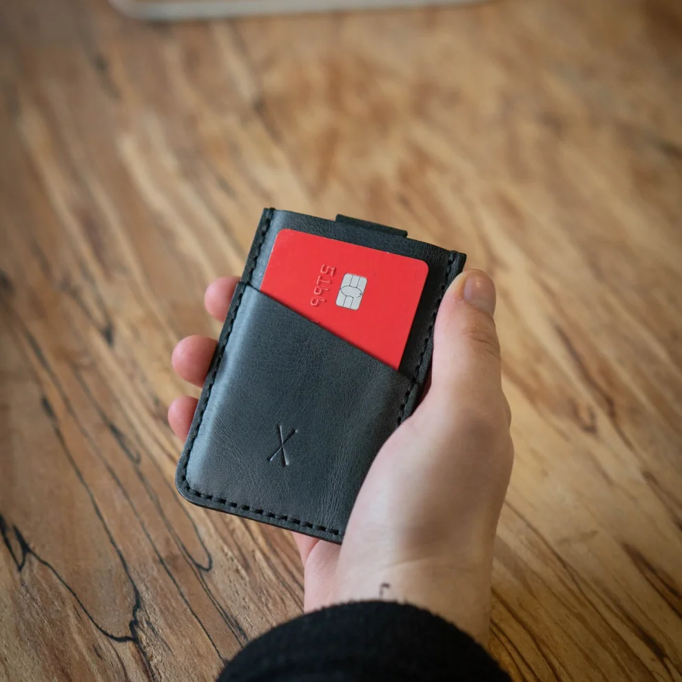 minimal X design - V2 Leather Cardholder Wallet Pull Out Mechanism - Genuine Leather And Handmade