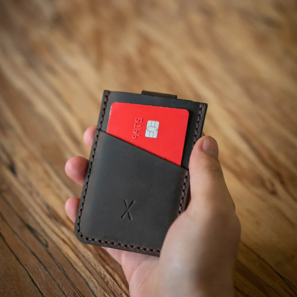 minimal X design - V2 Leather Cardholder Wallet Pull Out Mechanism - Genuine Leather And Handmade