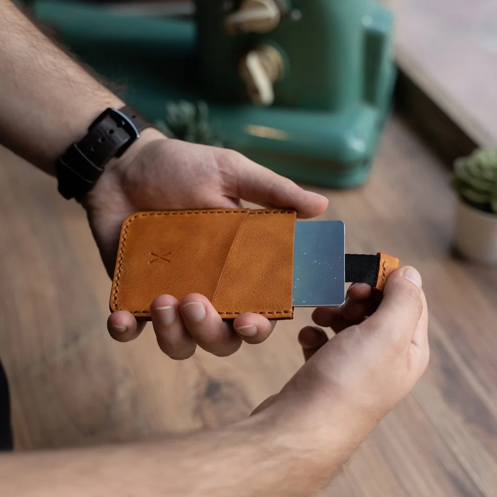 minimal X design - V2 Leather Cardholder Wallet Pull Out Mechanism - Genuine Leather And Handmade