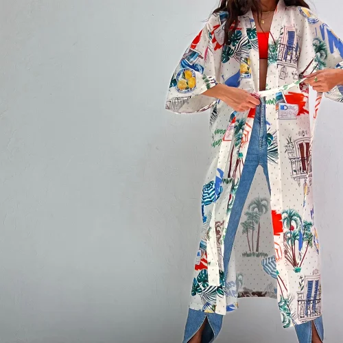 Hangout Design Store - Summer Desenli Uzun Kimono