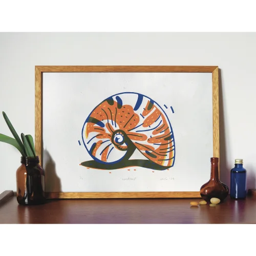 Çaçiçakaduz - Nautilus Limba Wood Framed Linocut Print