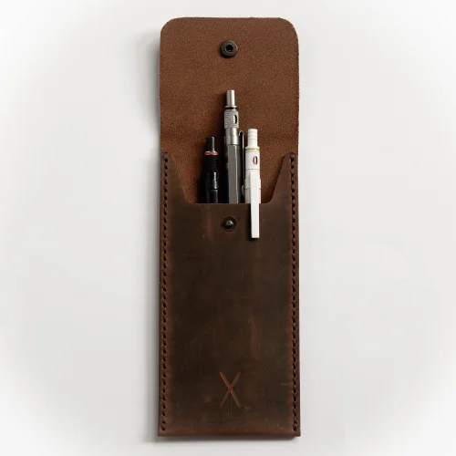 minimal X design - Leather Pen Holder - Pencil Case - Minimalist Design - Genuine Leather And Handmade