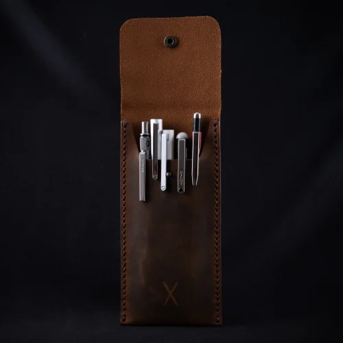 minimal X design - Leather Pen Holder - Pencil Case - Minimalist Design - Genuine Leather And Handmade