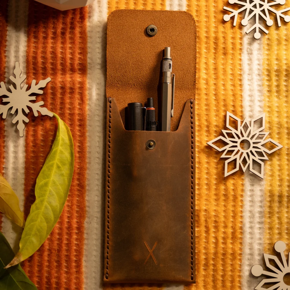 minimal X design - Leather Pen Holder - Pencil Case - Minimalist Design - Genuine Leather And Handmade