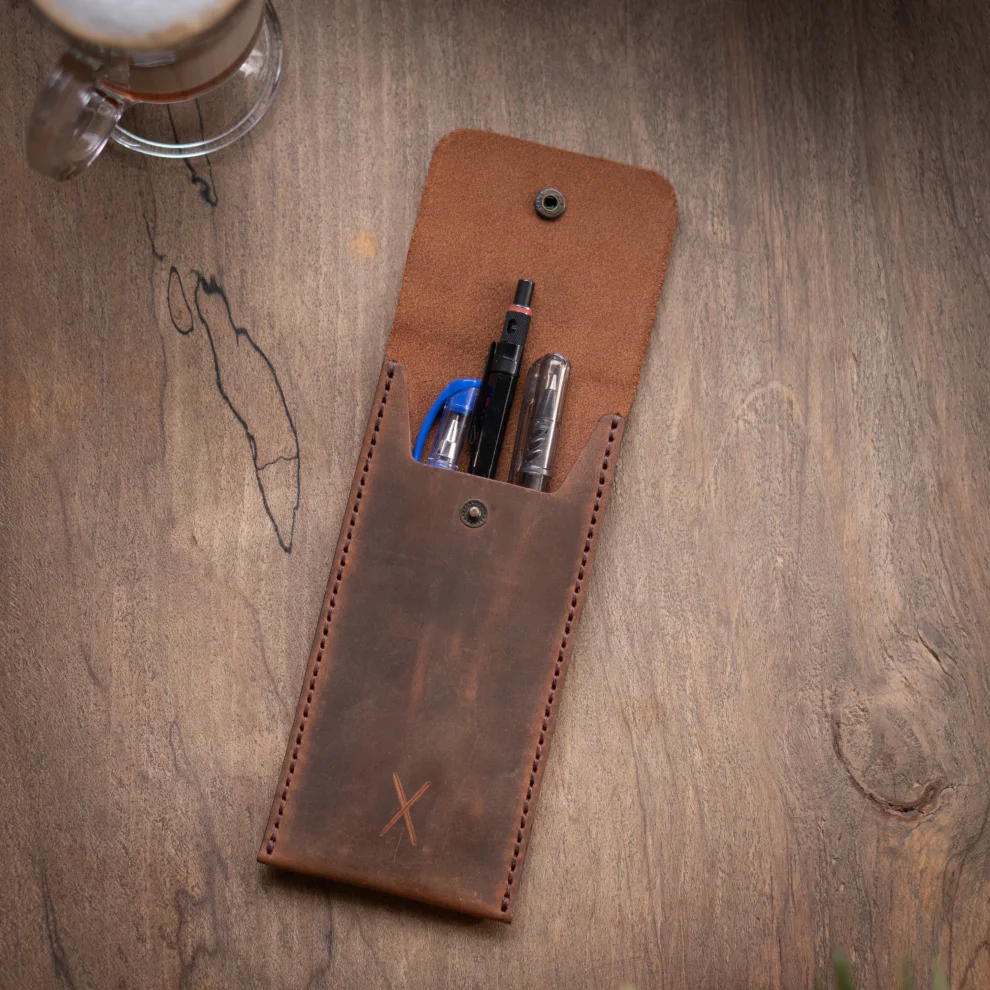 minimal X design - Leather Pen Holder - Pencil Case - Minimalist Design - Genuine Leather And Handmade