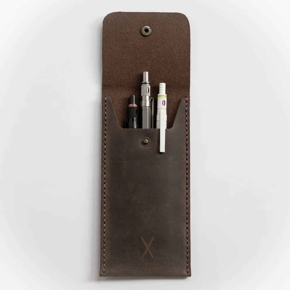 minimal X design - Leather Pen Holder - Pencil Case - Minimalist Design - Genuine Leather And Handmade