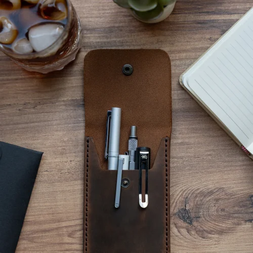 minimal X design - Leather Pen Holder - Pencil Case - Minimalist Design - Genuine Leather And Handmade