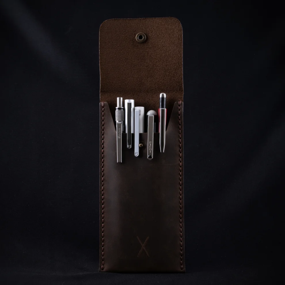 minimal X design - Leather Pen Holder - Pencil Case - Minimalist Design - Genuine Leather And Handmade