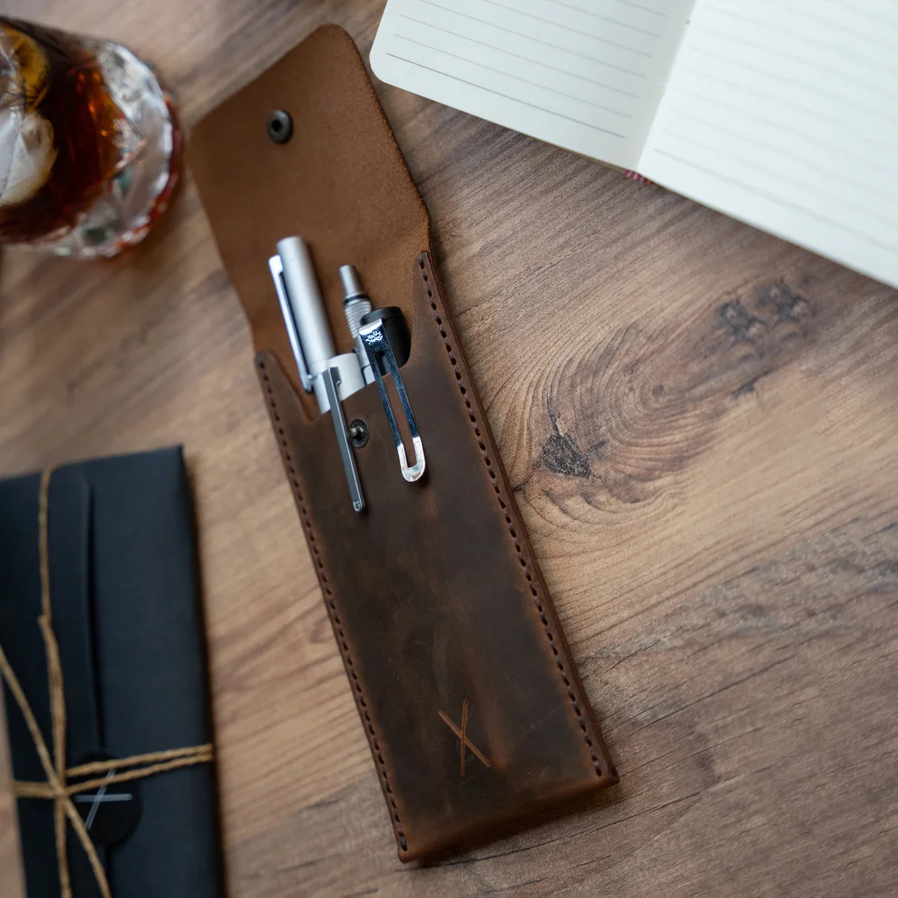 minimal X design - Leather Pen Holder - Pencil Case - Minimalist Design - Genuine Leather And Handmade