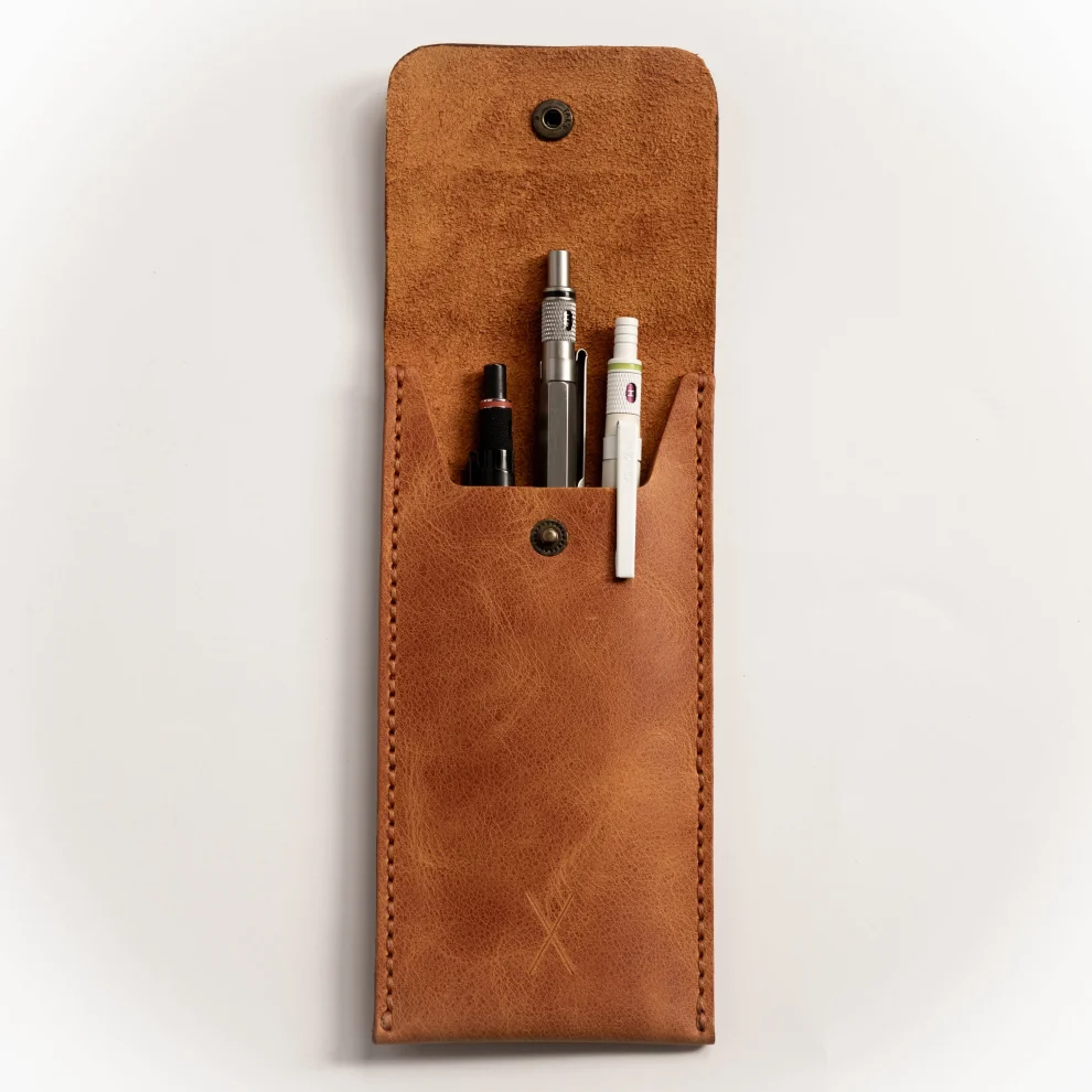 minimal X design - Leather Pen Holder - Pencil Case - Minimalist Design - Genuine Leather And Handmade