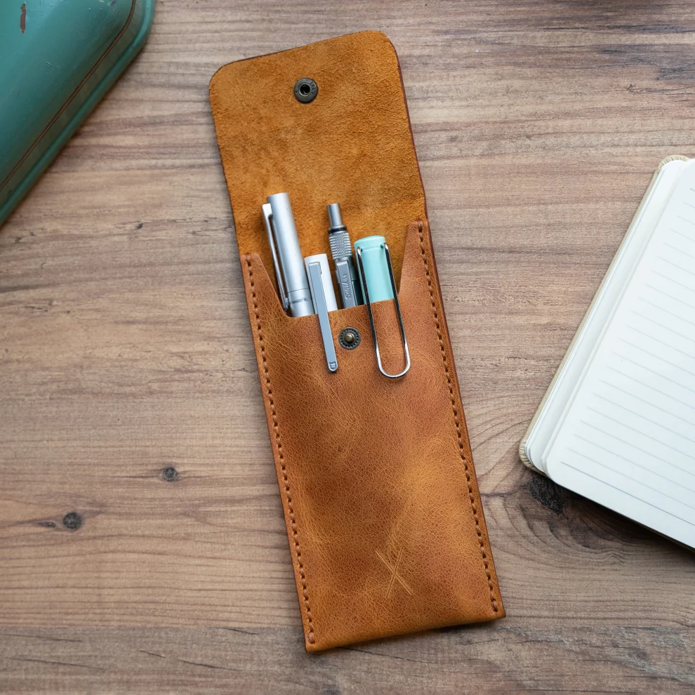 minimal X design - Leather Pen Holder - Pencil Case - Minimalist Design - Genuine Leather And Handmade