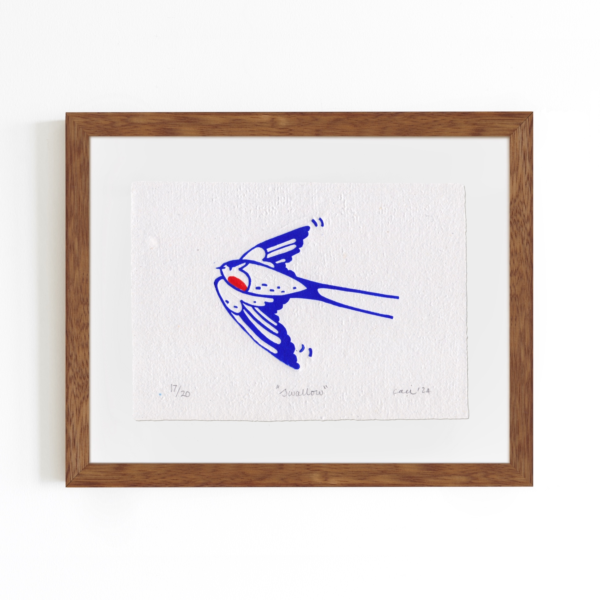 Swallow Limba Wood Framed Lino Print