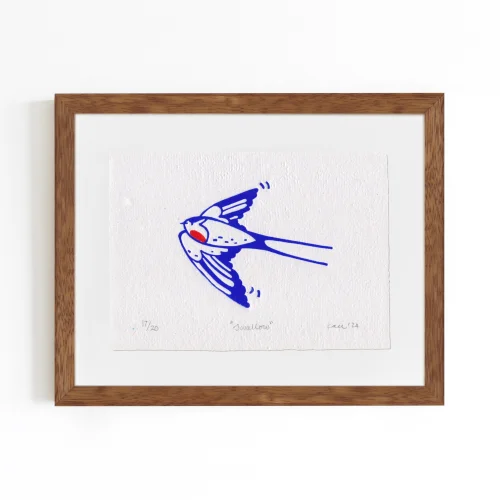 Çaçiçakaduz - Swallow Limba Wood Framed Lino Print