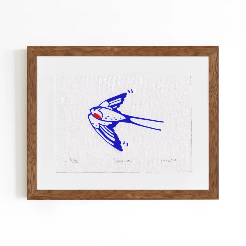 Çaçiçakaduz - Swallow Limba Wood Framed Lino Print