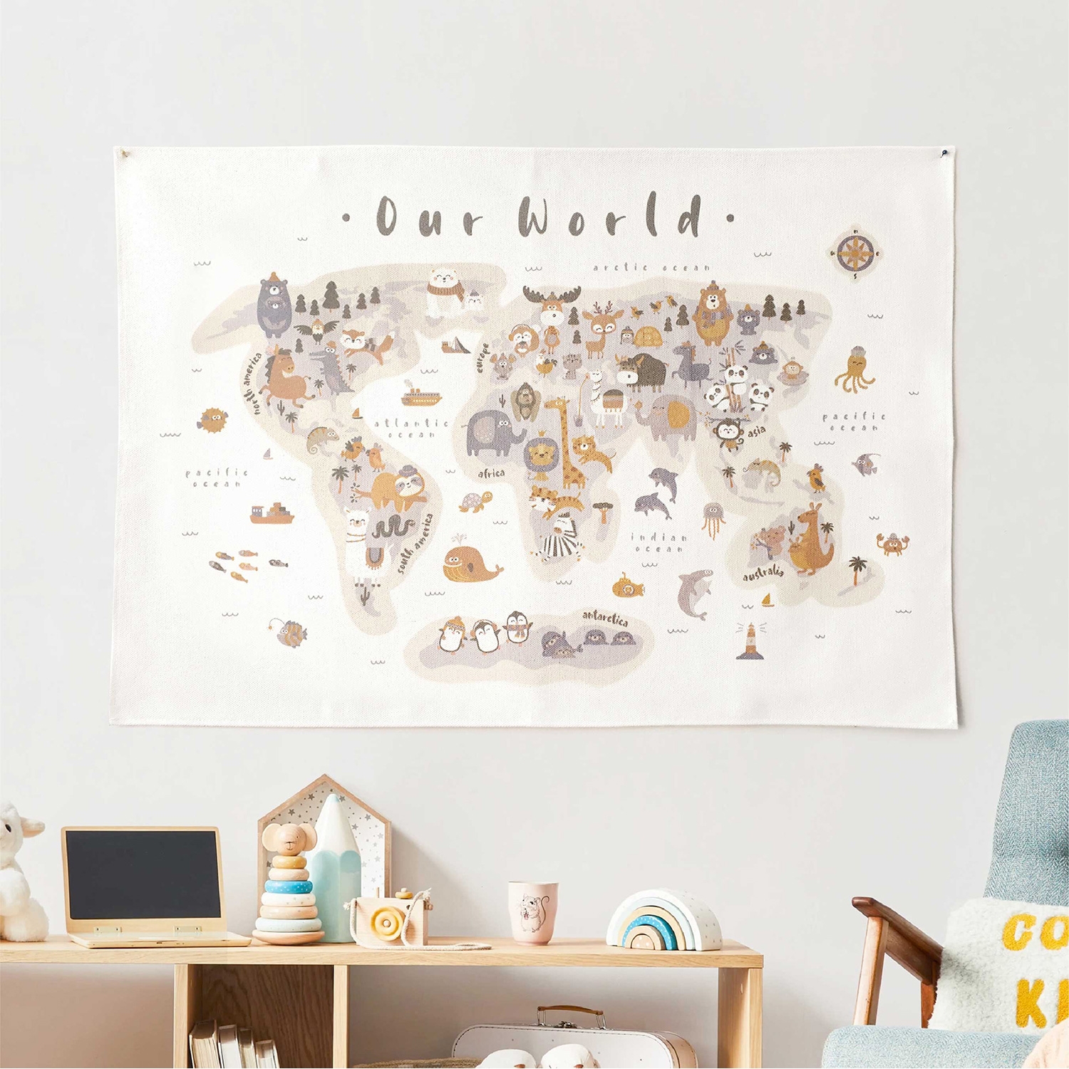 Animal World Map Wall Tapestry, Organic Natural Cotton