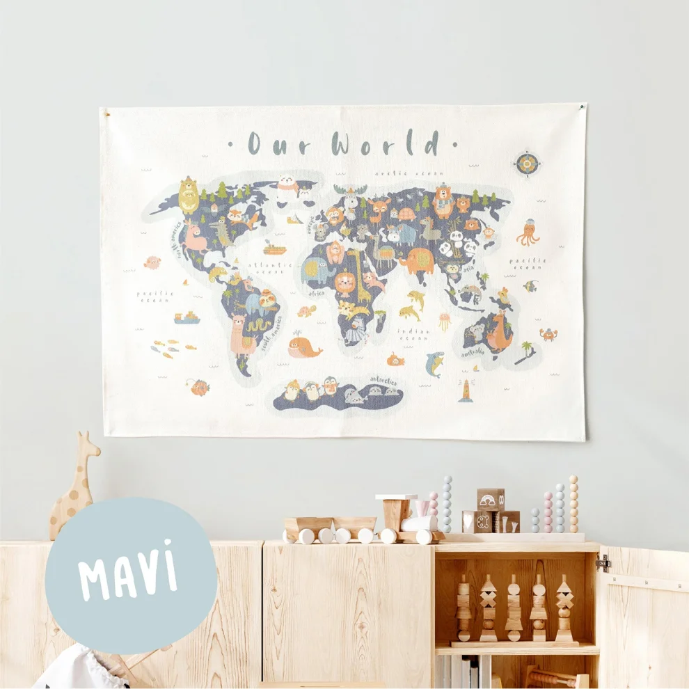 Jüppo - Animal World Map Wall Tapestry, Organic Natural Cotton