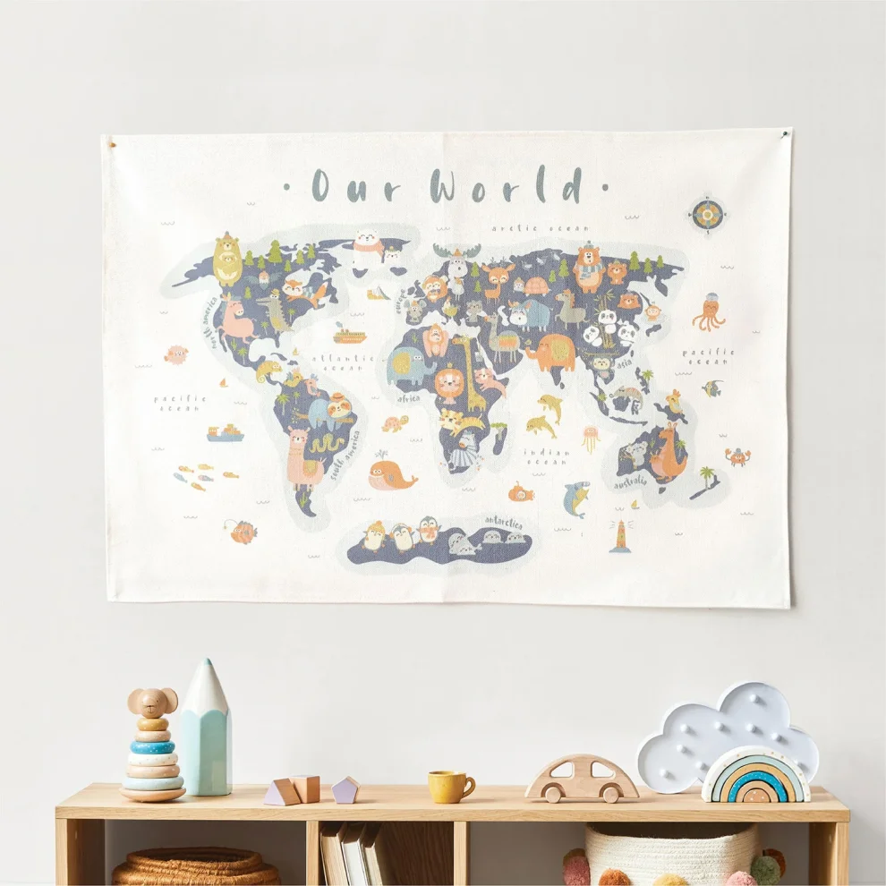 Jüppo - Animal World Map Wall Tapestry, Organic Natural Cotton