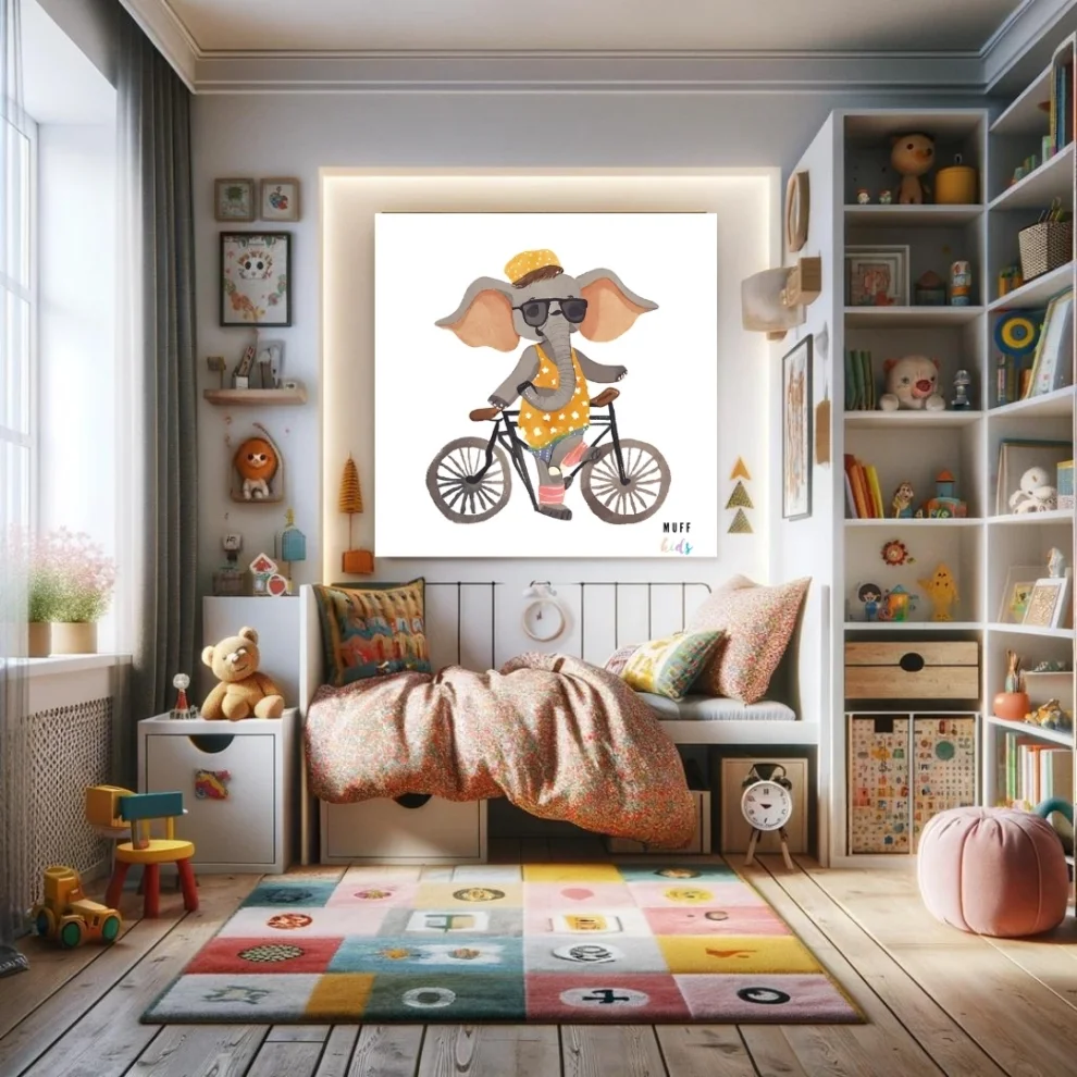Muff Kids - Free Friends Elephant Ride A Bike No:1 Art Print Poster
