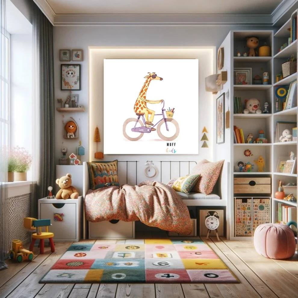 Muff Kids - Free Friends Giraffe Ride A Bike No:1 Art Print Poster